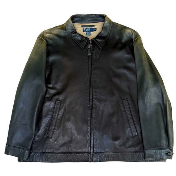 Vintage Rare Polo Ralph Lauren Black Leather Jacket XL with Patina Fading